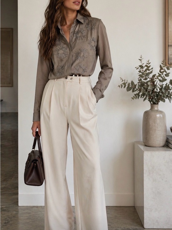 Akris Punto Tops - Akris Punto Taupe Embellished Button-Down Shirt